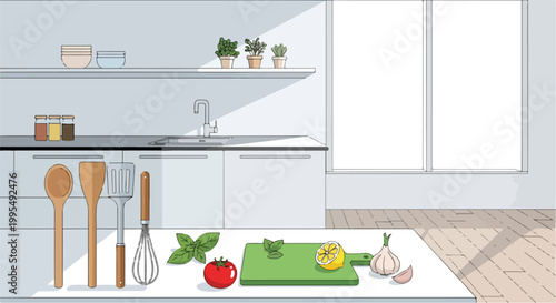 Canvas Print A kitchen counter with utensils and vegetables