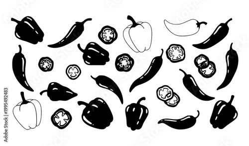 Cartoon pepper slices and whole vegetables vector illustration set