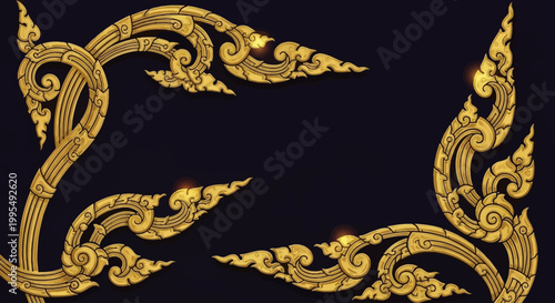 Intricate golden Thai traditional art patterns with swirling motifs on a dark blue background.