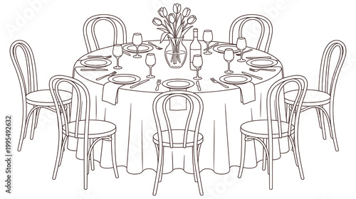 Konstfotografi Outline drawing of elegantly set round dining table with chairs.