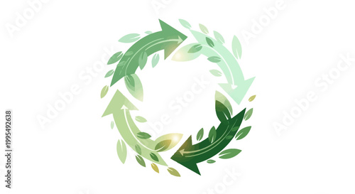 A circular arrow symbol with green leaves and watercolor texture, representing sustainability and recycling.