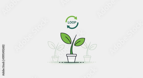 A green plant in a pot with a circular loop icon above it, symbolizing growth, sustainability, and a continuous cycle.