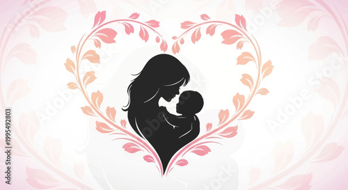 Silhouette of a loving mother holding her baby, framed by a delicate floral heart, symbolizing maternal love and care.