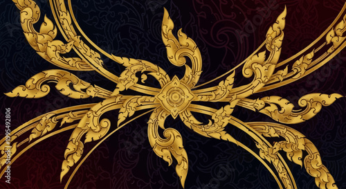 Intricate golden Thai traditional pattern on a dark background, featuring elegant swirling motifs and symmetrical design, reflecting classical Southeast Asian art.