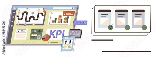 Business analytics, performance tracking, goal setting, data visualization, process management, financial reporting. Data dashboards KPIs, charts and workflow steps. Business analytics