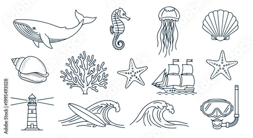 Nautical line art icons set, ocean life and maritime symbols vector collection, minimalist sea animal illustrations for summer travel branding