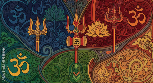 Intricate artwork featuring the Om symbol, tridents, and lotus flowers in vibrant, contrasting colors.