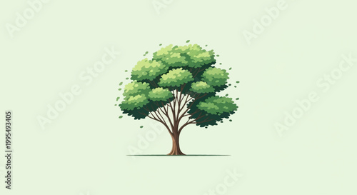 A simple, stylized cartoon tree with a full green canopy and brown trunk against a light green background, representing nature and growth.