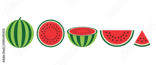 Fresh watermelon slices and whole fruit isolated on white background.