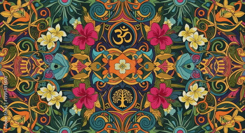 Vibrant and intricate symmetrical mandala pattern featuring floral elements, the Om symbol, and a tree of life illustration.