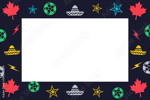 Modern soccer host nation icons frame with maple leaf and star. Flat design vector with central copy space for international tournament social media marketing