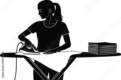 Silhouette Vector Illustration of a Woman Ironing Clothes on an Ironing Board at Home Representing Housework Domestic Chores Laundry and Household Management