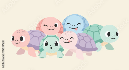 Cute pastel turtle characters collection, adorable sea turtle vector set with happy expressions, colorful nursery animal illustrations for kids