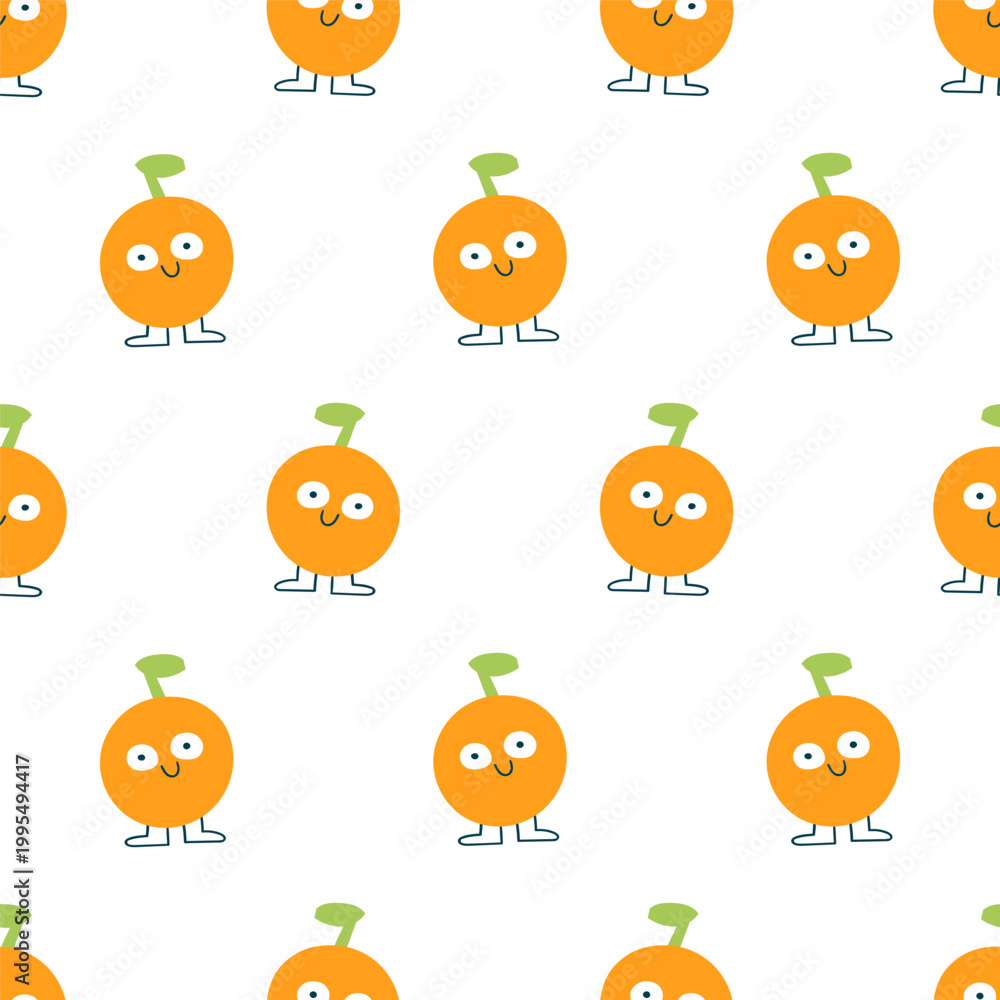 Fototapeta premium Seamless pattern with hand drawn cute orange character smiling on white background