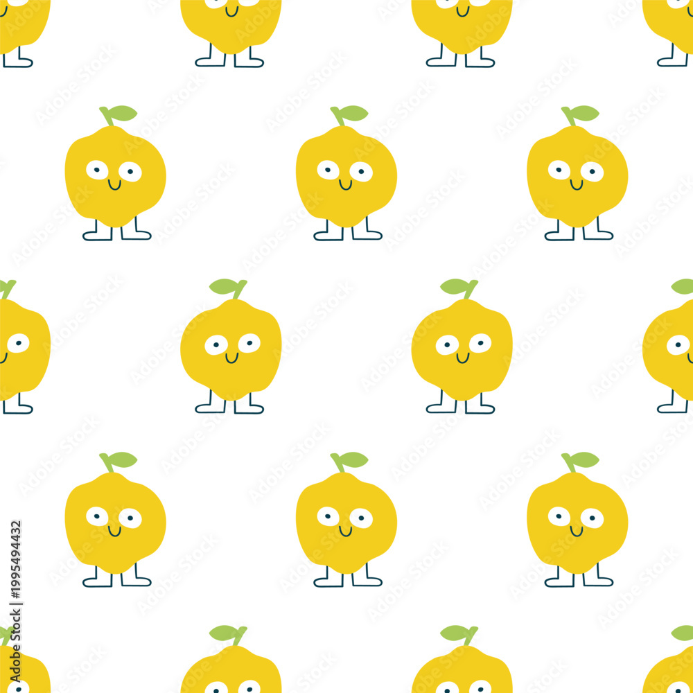 Fototapeta premium Seamless pattern with hand drawn cute lemon characters on white background
