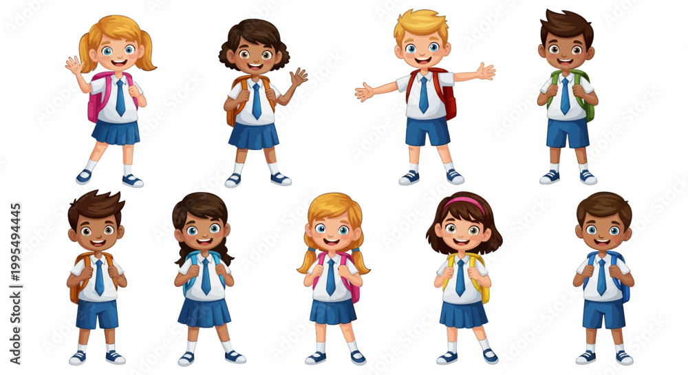 Naklejka premium Diverse group of happy elementary school children wearing uniforms and carrying backpacks