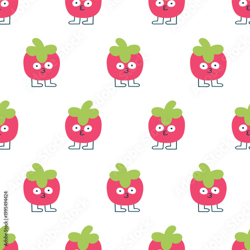 Seamless pattern with hand drawn cute tomato character blowing a kiss on white background