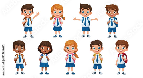 Group of diverse happy school children wearing uniforms and carrying backpacks