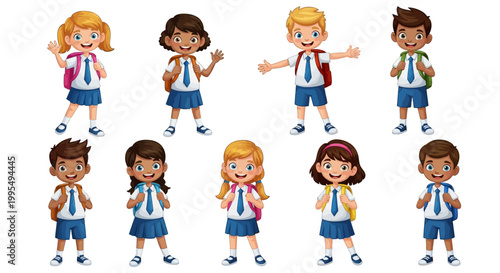 Diverse group of happy elementary school children wearing uniforms and carrying backpacks