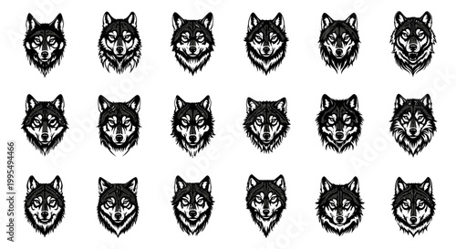 Collection of monochrome stylized wolf head illustrations showcasing fierce expressions and detailed fur textures in a grid layout against a clean white background ideal