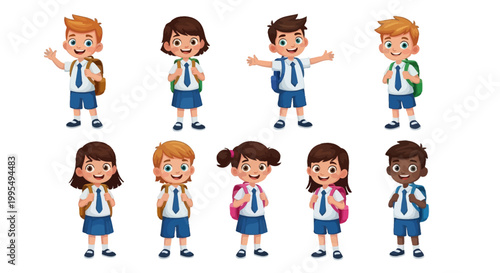 Group of diverse happy school children wearing uniforms and carrying backpacks in standing poses