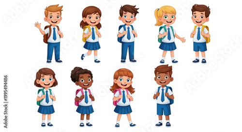 Happy diverse school children wearing uniforms and carrying colorful backpacks standing together