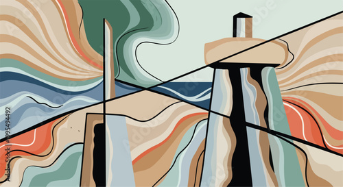 Abstract coastal landscape vector, geometric beach scenery with ocean waves and lighthouse, modern cubist sea art in earthy sand and blue tones