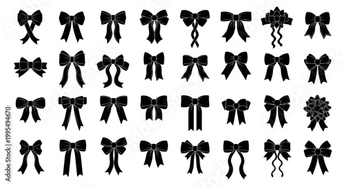 Collection of various black ribbon bow icons and symbols isolated on a white background perfect for design elements decorations and festive occasions evoking a sense