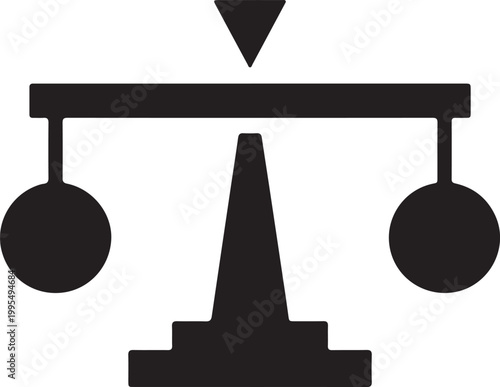 A black silhouette of a balance scale featuring two circular weights, a central pillar, and a tiered base, symbolizing justice and equality.