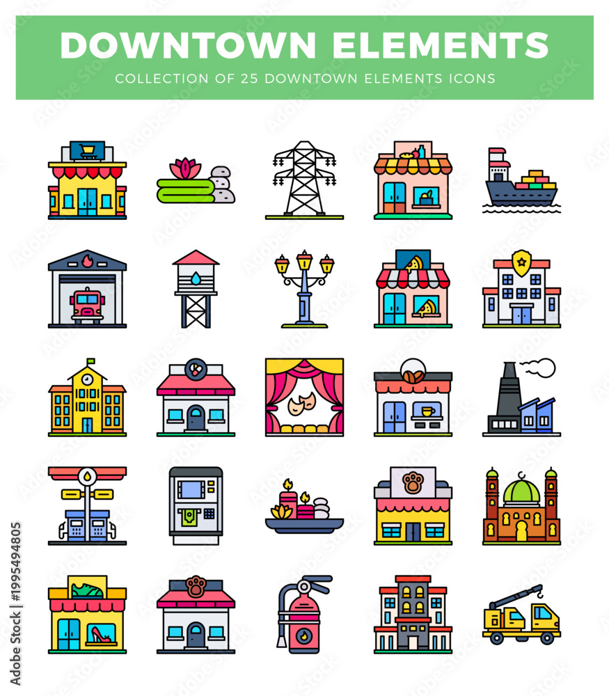 Fototapeta premium flat colorful downtown element icons in a grid