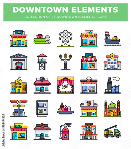 flat colorful downtown element icons in a grid