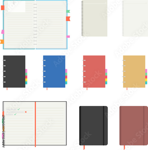 Vector set of various notebook and planner icons in flat style for office business education
