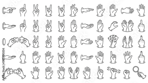 Diverse hand gestures and signals in outline style.