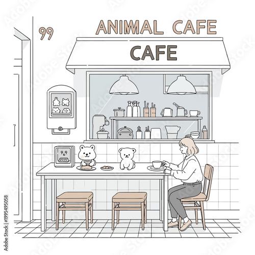 Illustration of a woman sitting at a table in an animal cafe with two teddy bears, viewed from