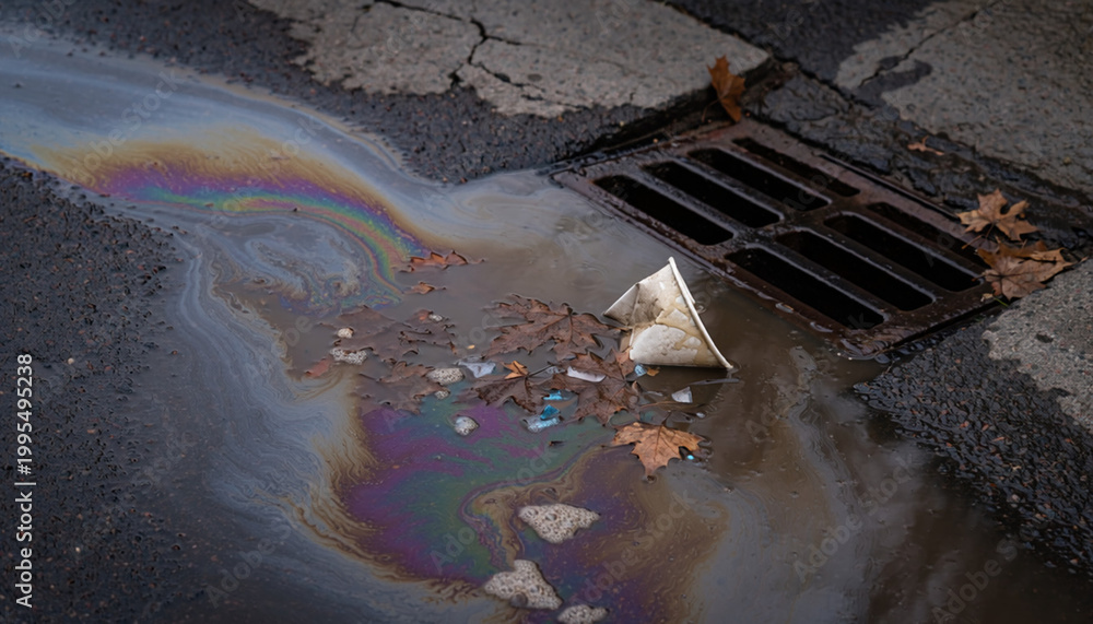 Fototapeta premium Oil spill and trash in street water puddle