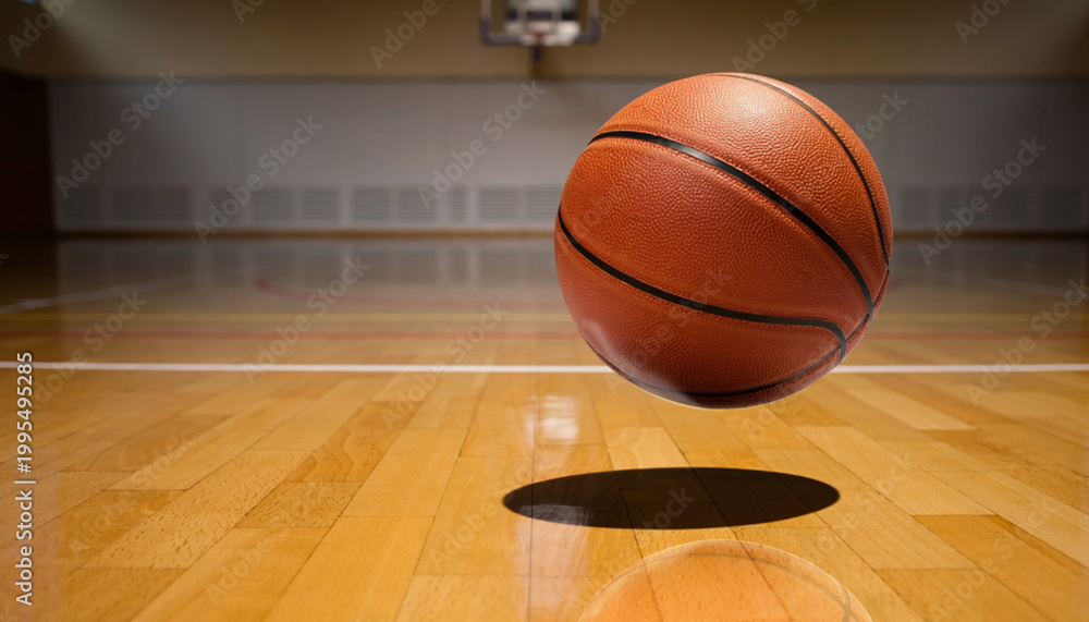 Obraz premium Basketball bouncing on wooden gym court floor