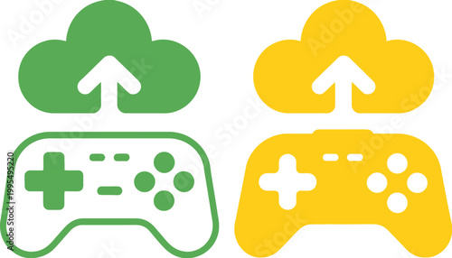 Colorful Cloud and Game Controller Icons in a Row, Cloud Computing and Gaming Concept Symbols, Digital Technology and Entertainment Vector Illustration Set