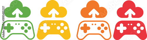 Colorful Cloud and Game Controller Icons in a Row, Cloud Computing and Gaming Concept Symbols, Digital Technology and Entertainment Vector Illustration Set