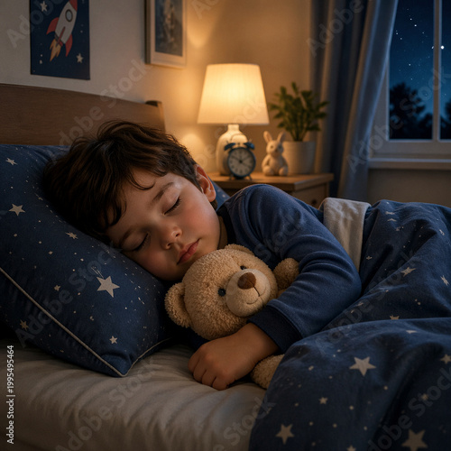 Peaceful Young Boy Sleeping Soundly with Teddy Bear in Cozy Bedroom at Night