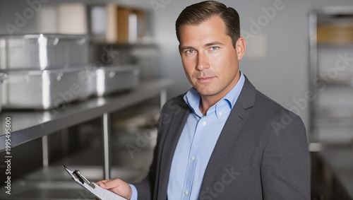 Catering coordinator holding clipboard in a professional kitchen workspace