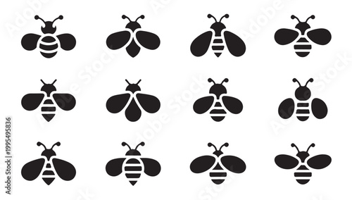 Collection of stylized bee icons in various designs and poses, simple graphic representations.