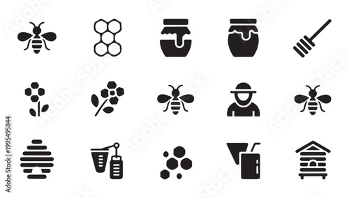 Beekeeping icons and honey production equipment silhouette set for apiary business branding.