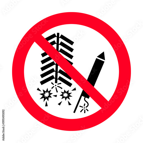 No fireworks sign, prohibition symbol with firecracker and rocket icon. ISO 7010 P040 Do not set off fireworks.