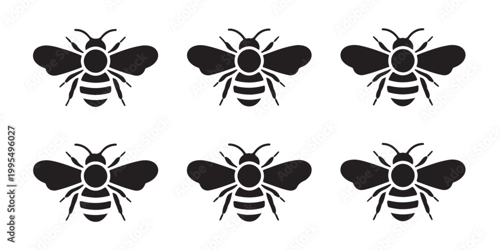 Obraz premium Six identical stylized bee silhouettes arranged in two rows for design.