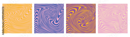 Wavy Seamless Trippy Patterns in Psychedelic Colors of Set. Abstract Vector Swirl Backgrounds. 1970 Aesthetic Textures with Flowing Waves