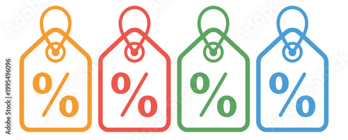 Colorful Discount Tags Set, Zero Percent Off Deals on Products, Sale Labels, Price Reduction and Promotion Stickers, Retail Marketing Vector Illustration Collection