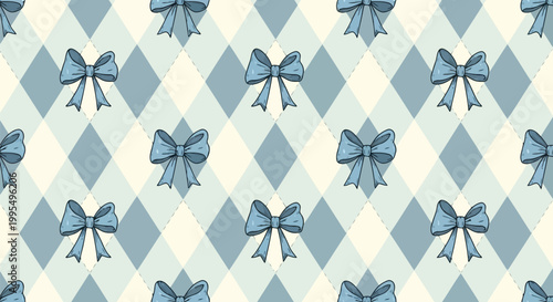 Elegant blue bow pattern on argyle background for gift wrapping and design