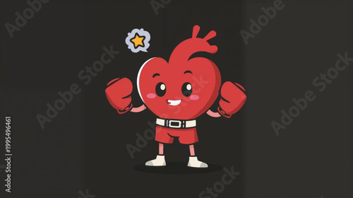A cheerful, anthropomorphic cartoon heart character in a modern vector art style, depicted as a boxer with boxing gloves and shorts. 