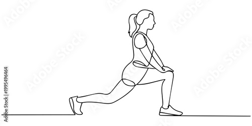 woman performing a lunge exercise continuous one line drawing, Continuous one line art drawing of a woman performing a yoga lunge stretch exercise, Performing Lunge Exercise with Outstretched Arms