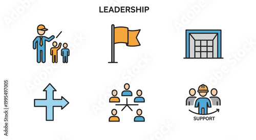 Set of professional icons representing corporate leadership and effective team management